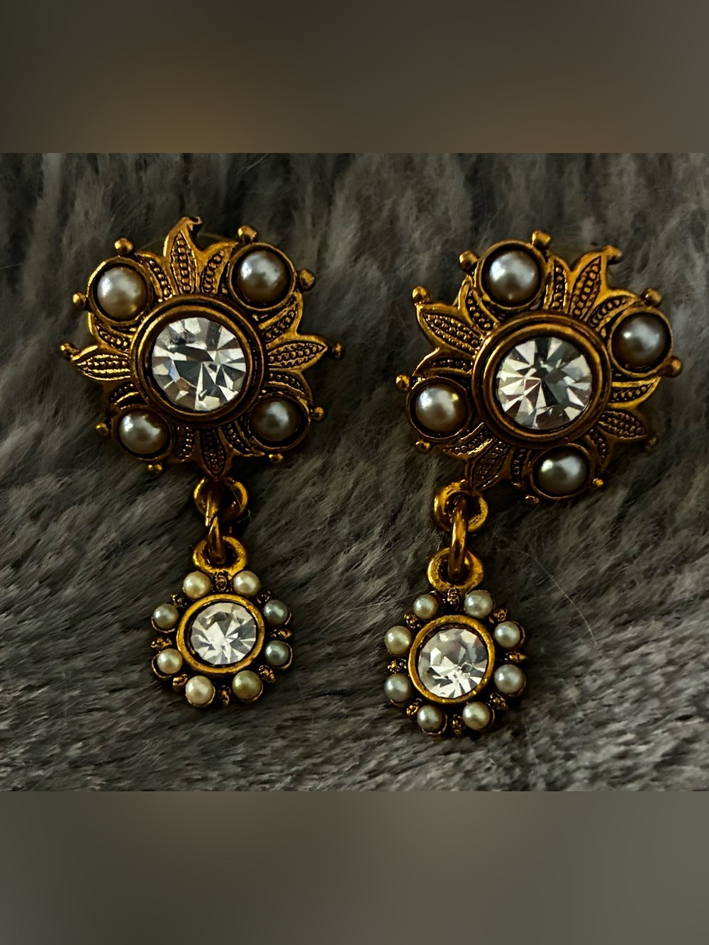 Gold-Tone Pearl & Crystal Drop Earrings - Vintage-Inspired